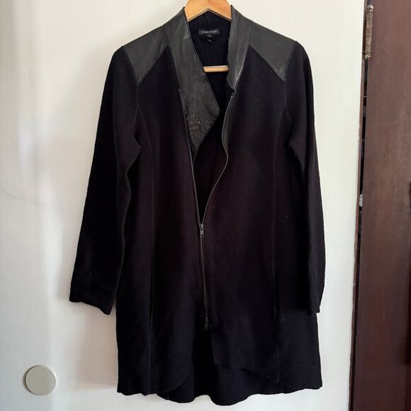 EILEEN FISHER Black Merino Wool and Leather Minimalist Asymmetrical Coat Medium - Picture 4 of 9
